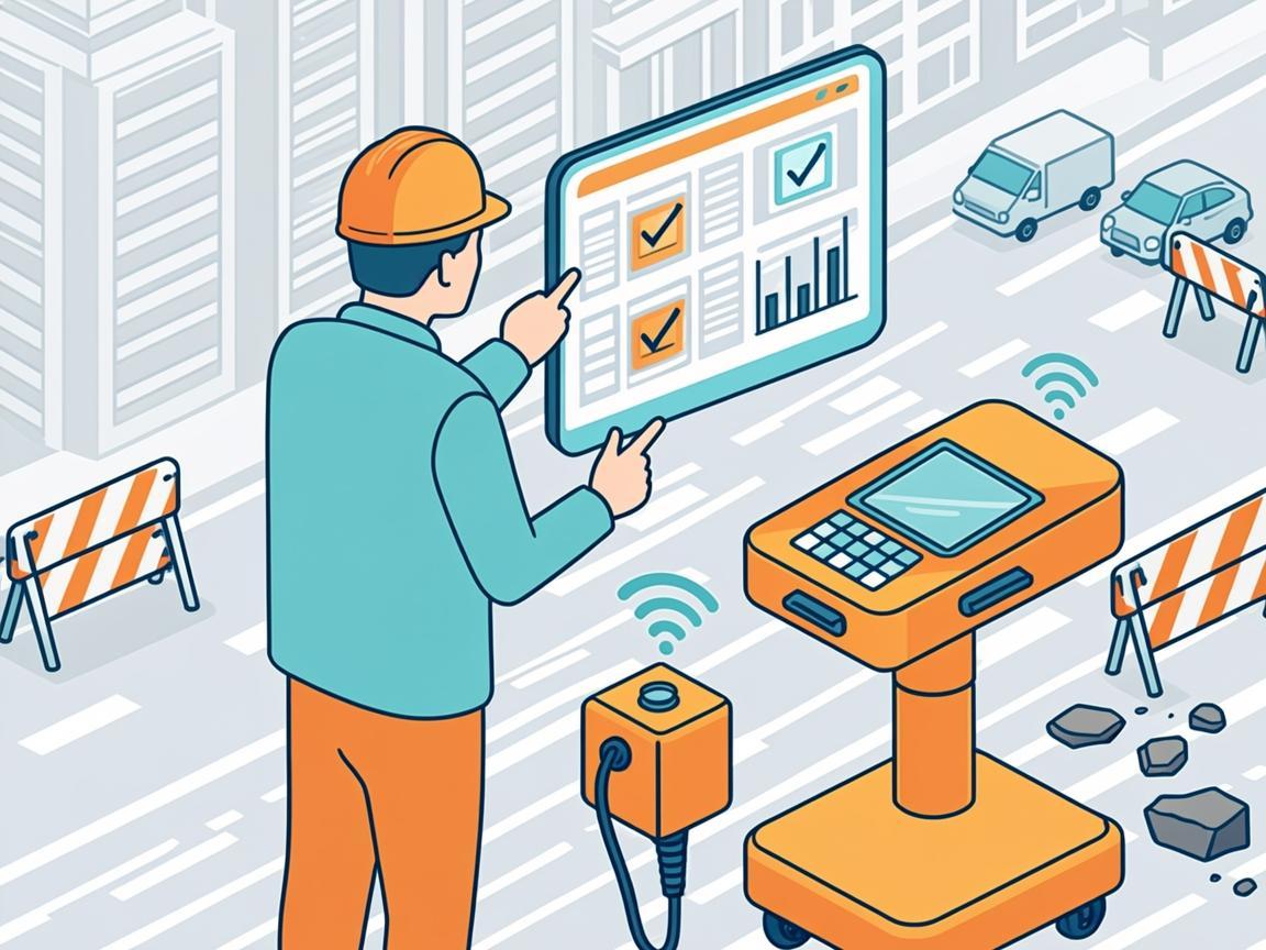 Illustration of a field engineer capturing density-gauge data wirelessly on a mobile app with automated reports