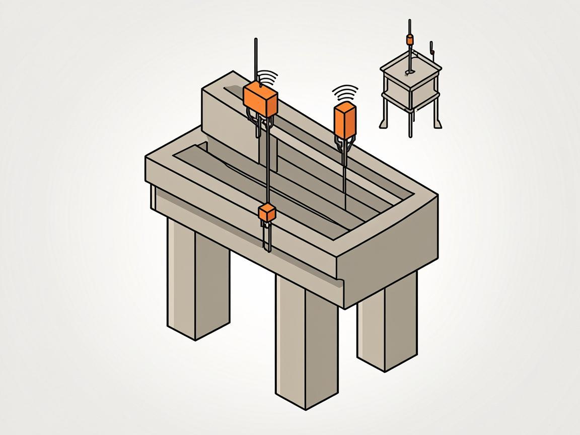 Illustration of embedded sensors collecting strain and temperature data from concrete piles with wireless transmission