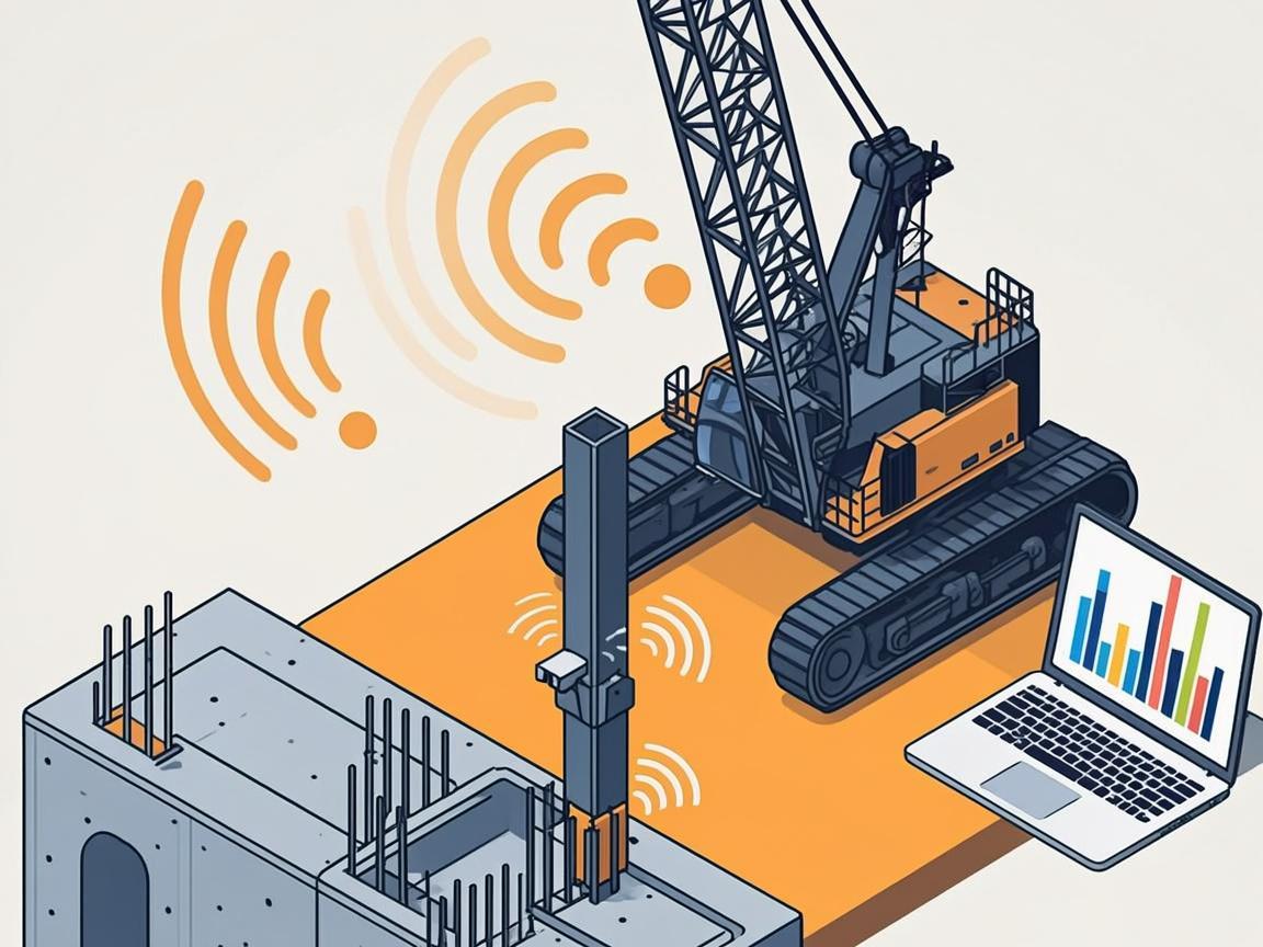 Illustration of pile-driving rig monitored by audio and embedded sensors with live reporting dashboard