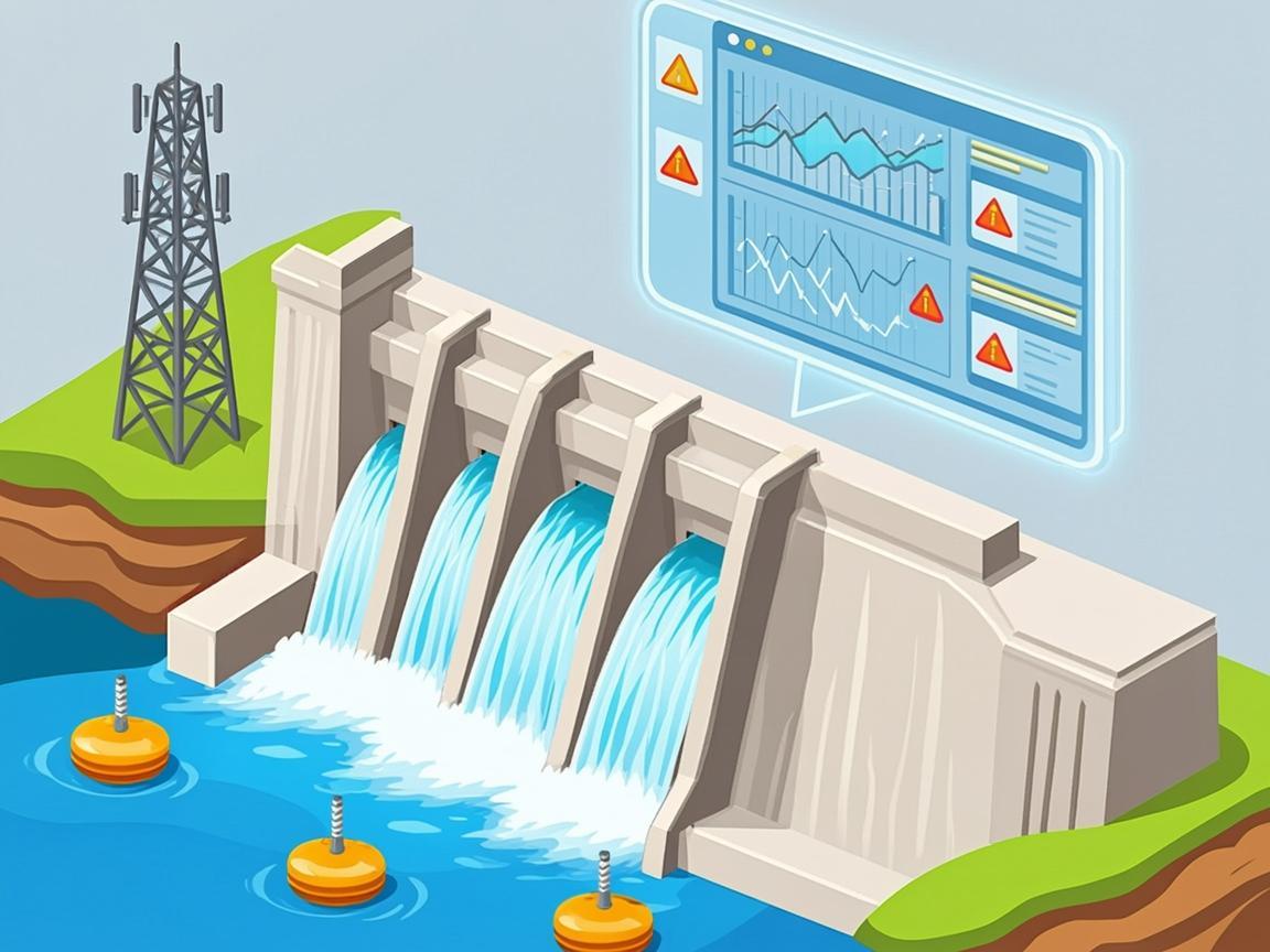 Illustration of a dam with water-level and pressure sensors connected via cellular to a cloud monitoring dashboard